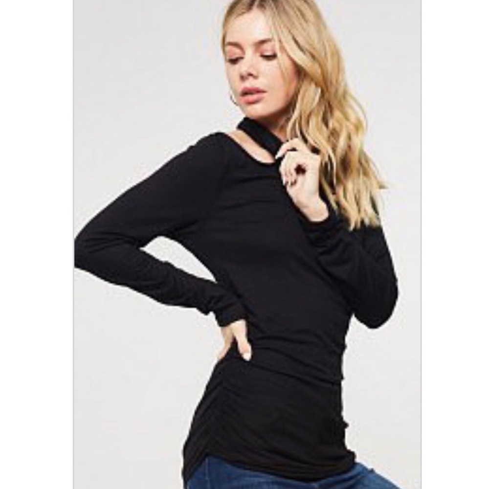 Black Knit Mock Neck Cutout Top